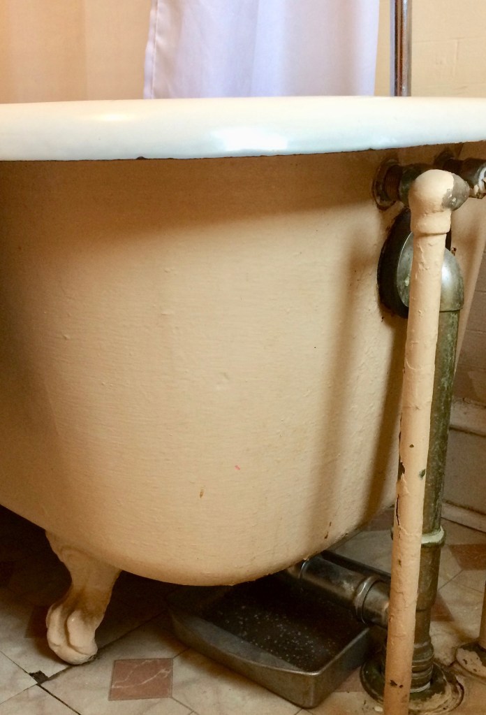 Pan to catch drips from tub outflow pipe.